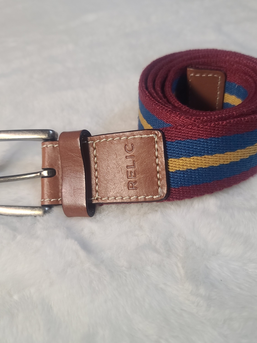 Relic Men's Burgundy, Blue & Yellow Striped Fabric Belt with Brown Leather Trim